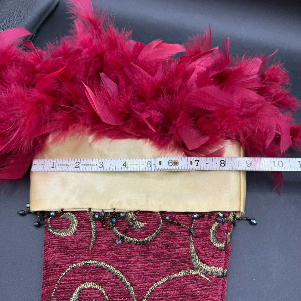 Christmas Stocking High Heel Boot Whimsy Red Green Feather Trim Beaded Victorian